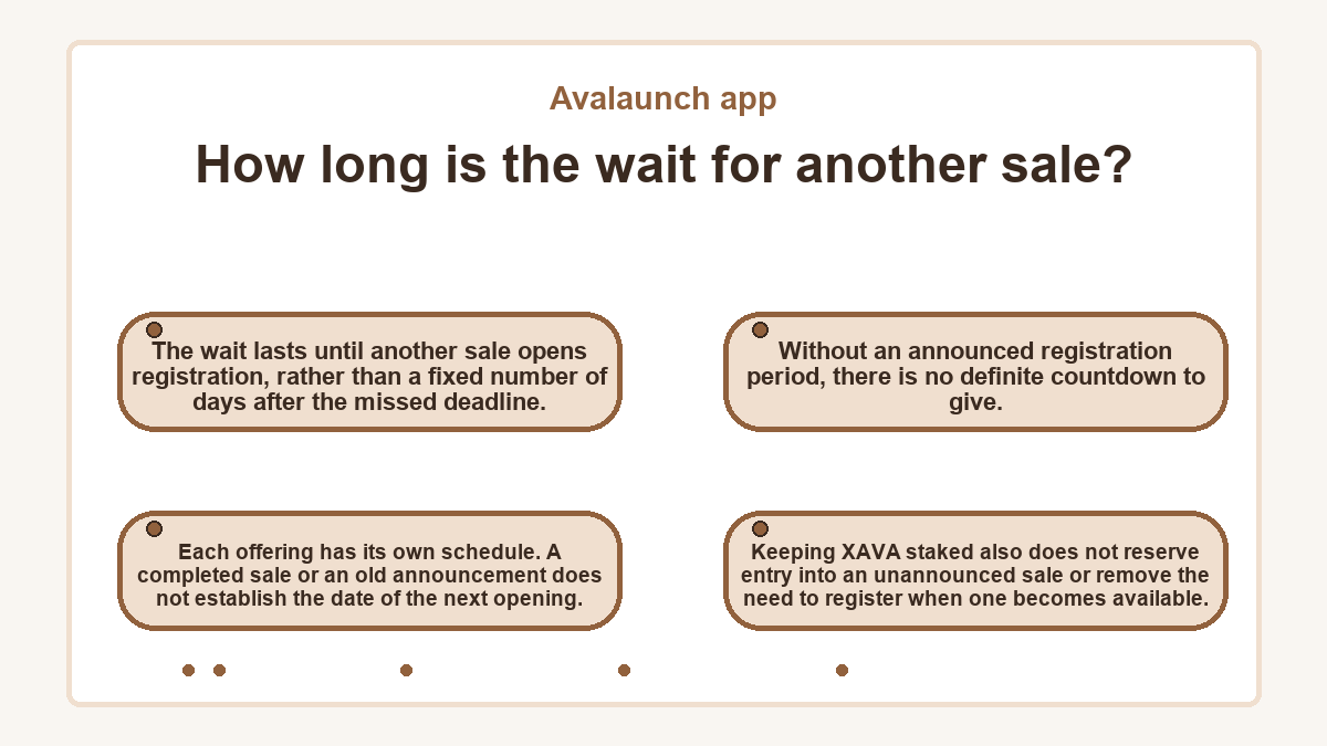 How long is the wait for another sale?: The wait lasts until another sale opens registration, rather than a fixed number of days after the missed deadline.; Each offering has its own schedule. A completed sale or an old announcement does not establish the date of the next opening.; Without an announced registration period, there is no definite countdown to give.; Keeping XAVA staked also does not reserve entry into an unannounced sale or remove the need to register when one becomes available.